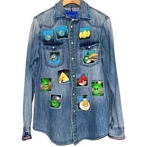 Frantic Women’s S Denim Pearl Snap Front Angry Birds Embroidered Appliqué Shirt